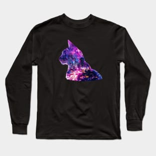 Cat and city double exposure effect Long Sleeve T-Shirt